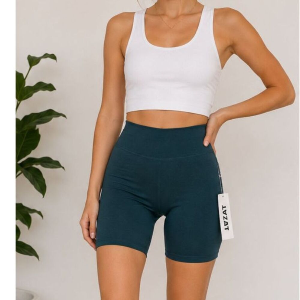 LEZAT Organic Cotton Biker Shorts Teal XS High Rise Made in USA NWT